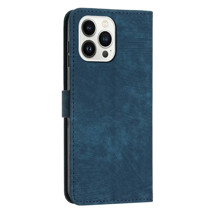 Für Iphone 13 Pro-leder-ständer Brieftasche Telefon Hülle Skin-touch-leitungen Eingeprägter Telefonabdeckung - Saphir