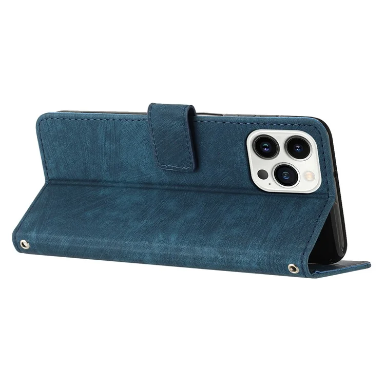 Für Iphone 13 Pro-leder-ständer Brieftasche Telefon Hülle Skin-touch-leitungen Eingeprägter Telefonabdeckung - Saphir