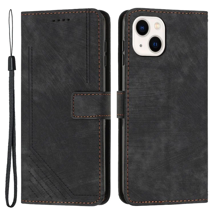 Para iPhone 13 mini Stand Wallet PU Leather Phone Case Skin-touch Lines Imprinted Cover - Preto