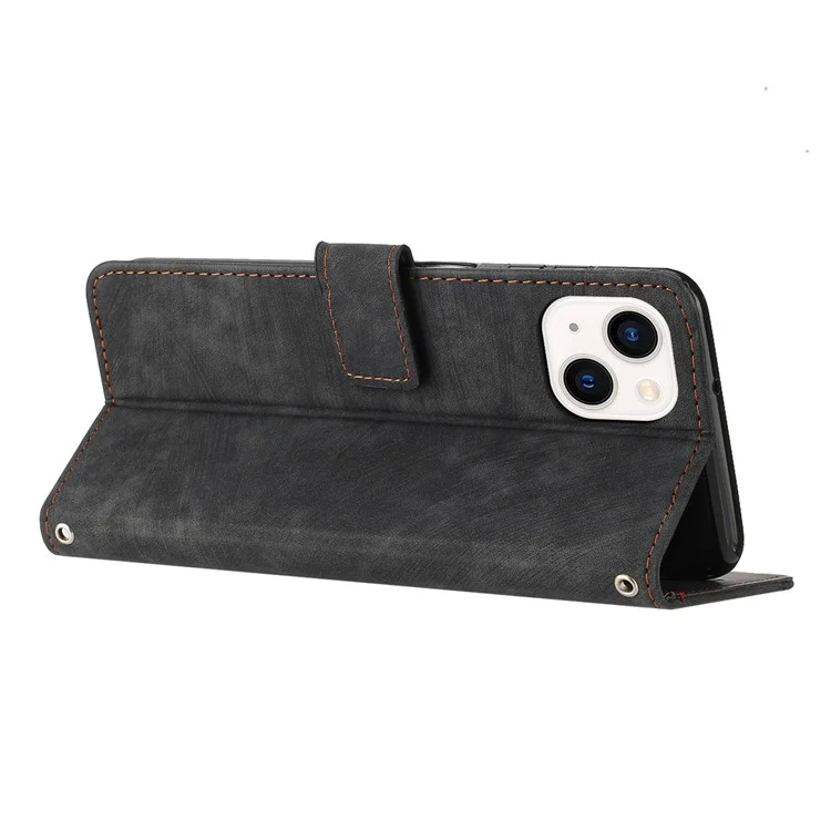 Para iPhone 13 mini Stand Wallet PU Leather Phone Case Skin-touch Lines Imprinted Cover - Preto