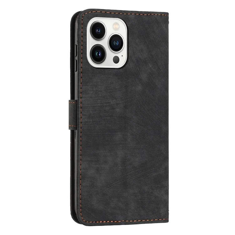 Funda de piel con tacto suave para iPhone 13 Pro Max, con líneas grabadas, funda de cartera para teléfono - Negro
