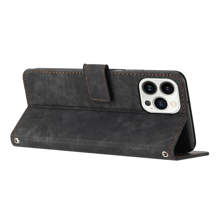 Funda de piel con tacto suave para iPhone 13 Pro Max, con líneas grabadas, funda de cartera para teléfono - Negro