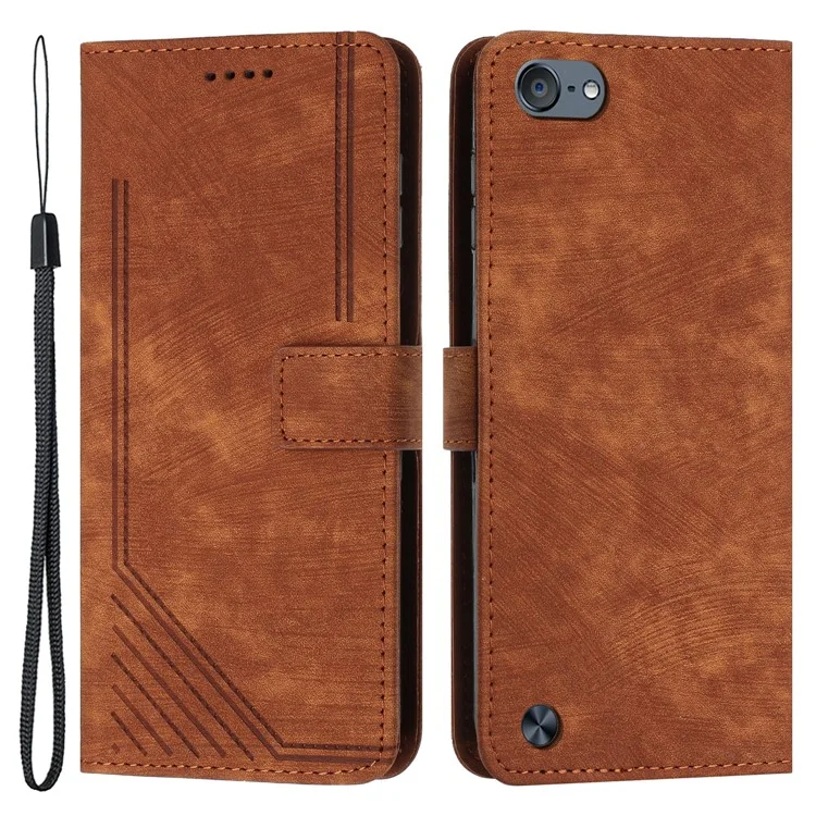 For iPod Touch 5 / 6 / (2019) Phone Case PU Leather Stand Wallet Skin-touch Lines Imprinted Cover - Brown