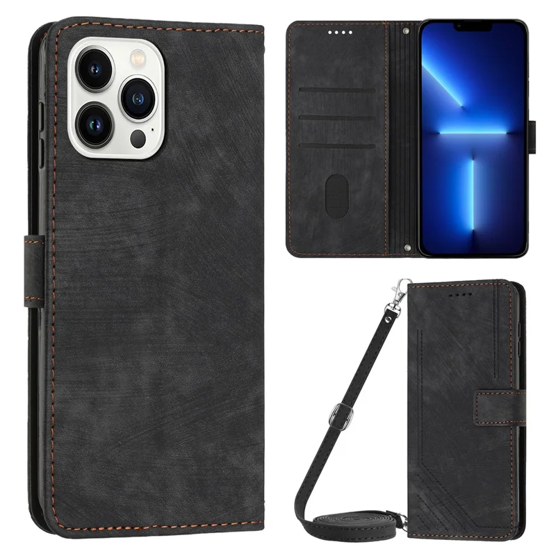 For iPhone 13 Pro Max 6.7 inch PU Leather Wallet Case Lines Imprinted Stand Phone Cover with Long Strap - Black