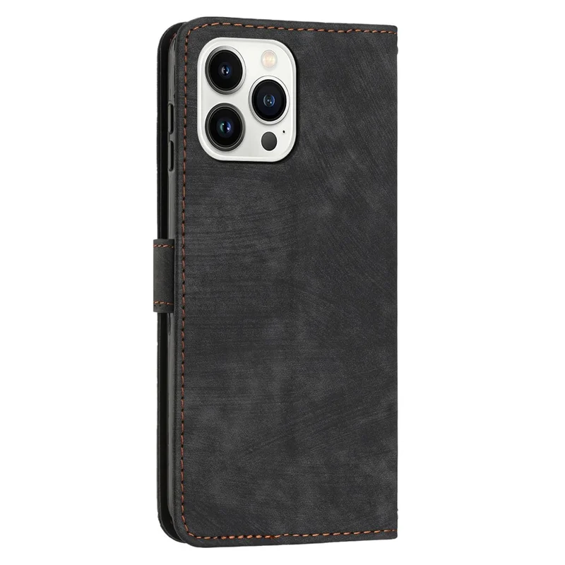 For iPhone 13 Pro Max 6.7 inch PU Leather Wallet Case Lines Imprinted Stand Phone Cover with Long Strap - Black