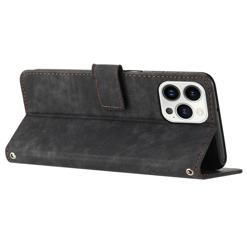 For iPhone 13 Pro Max 6.7 inch PU Leather Wallet Case Lines Imprinted Stand Phone Cover with Long Strap - Black