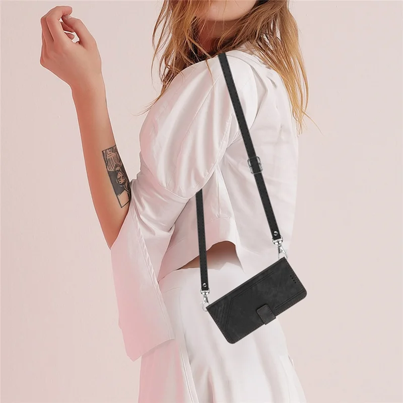 For iPhone 13 Pro Max 6.7 inch PU Leather Wallet Case Lines Imprinted Stand Phone Cover with Long Strap - Black