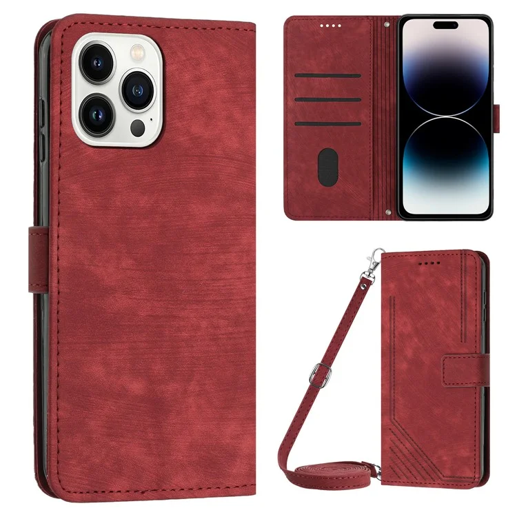 Para iPhone 14 Pro Max Carteira Telefone Caso PU Leather Stand Lines Imprinted Phone Cover com Alça de Ombro - Vermelho