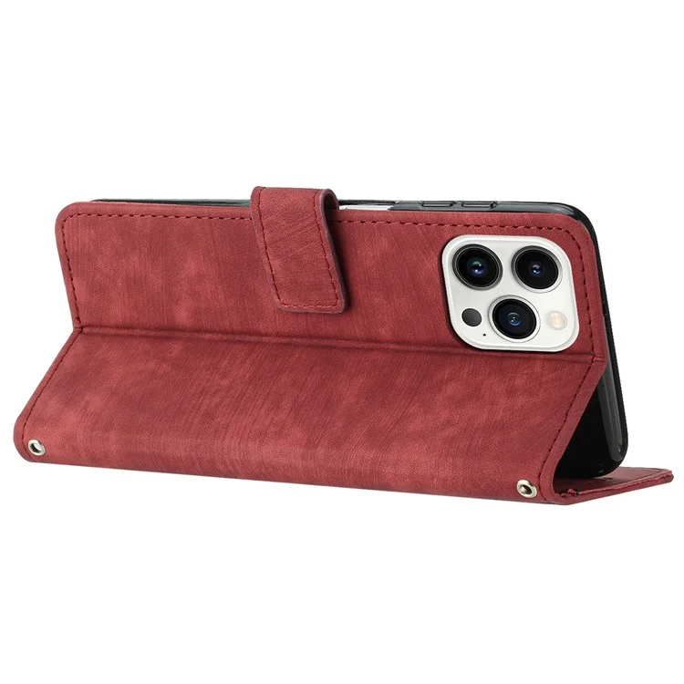 Para iPhone 14 Pro Max Carteira Telefone Caso PU Leather Stand Lines Imprinted Phone Cover com Alça de Ombro - Vermelho