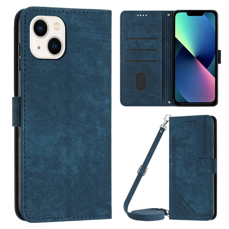 Für iPhone 13 mini 5.4 Zoll PU-Leder Flip Folio Case Lines Imprinted Stand Wallet Phone Cover - Sapphire