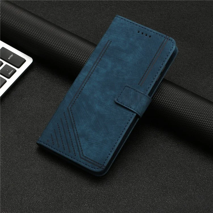 Für iPhone 13 mini 5.4 Zoll PU-Leder Flip Folio Case Lines Imprinted Stand Wallet Phone Cover - Sapphire