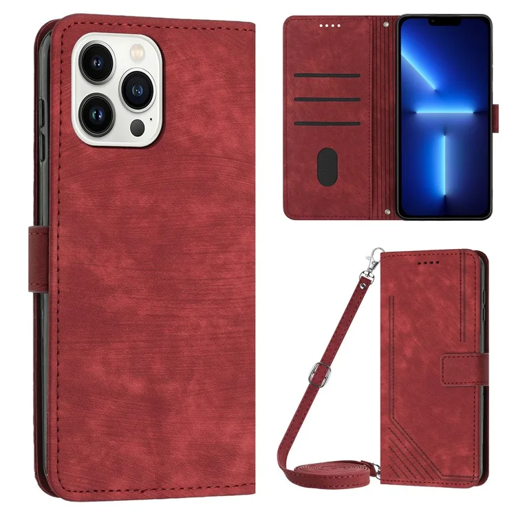 For iPhone 13 Pro 6.1 inch PU Leather Skin-touch Phone Case Lines Imprinted Wallet Stand Flip Cover - Red