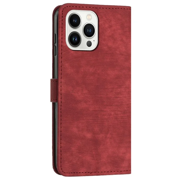 For iPhone 13 Pro 6.1 inch PU Leather Skin-touch Phone Case Lines Imprinted Wallet Stand Flip Cover - Red