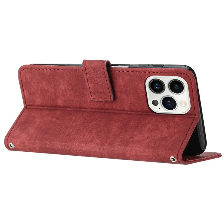 For iPhone 13 Pro 6.1 inch PU Leather Skin-touch Phone Case Lines Imprinted Wallet Stand Flip Cover - Red