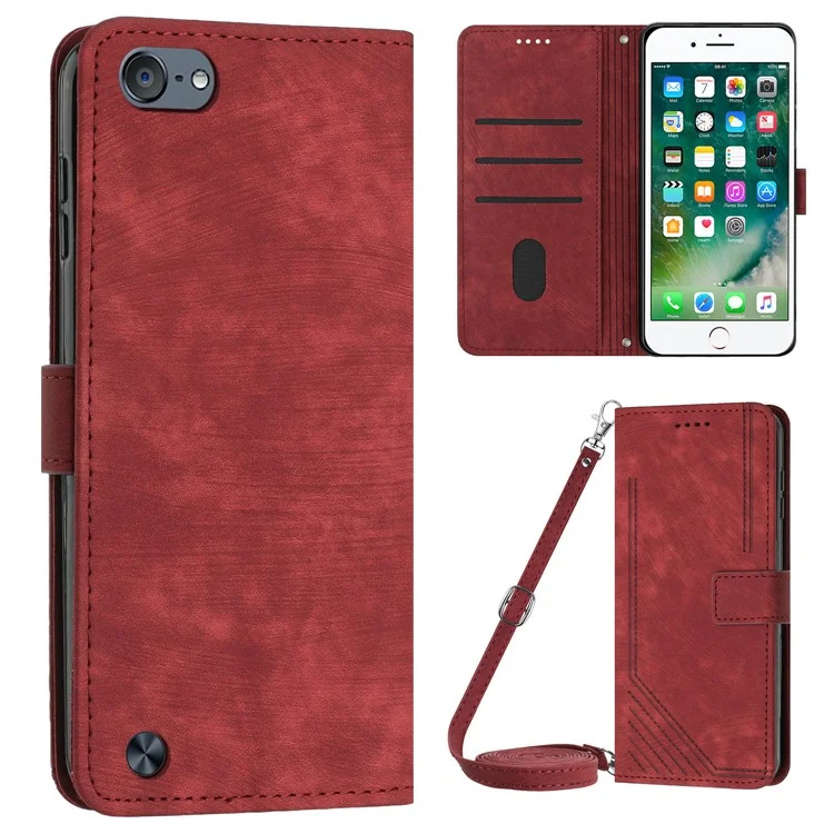 For iPod Touch (2019) / Touch 6 / Touch 5 Crossbody Wallet Case PU Leather Lines Imprinted Stand Phone Cover - Red