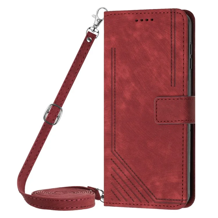 For iPod Touch (2019) / Touch 6 / Touch 5 Crossbody Wallet Case PU Leather Lines Imprinted Stand Phone Cover - Red