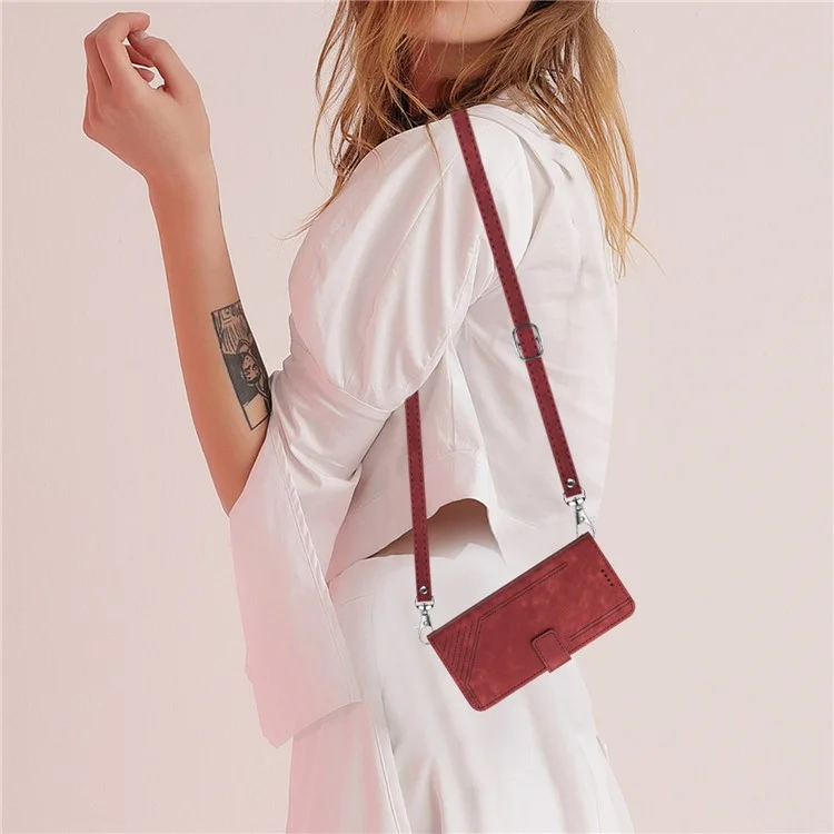 Für iPod Touch (2019) / Touch 6 / Touch 5 Crossbody Wallet Case PU Leder Linien geprägt Telefon Cover - Rot