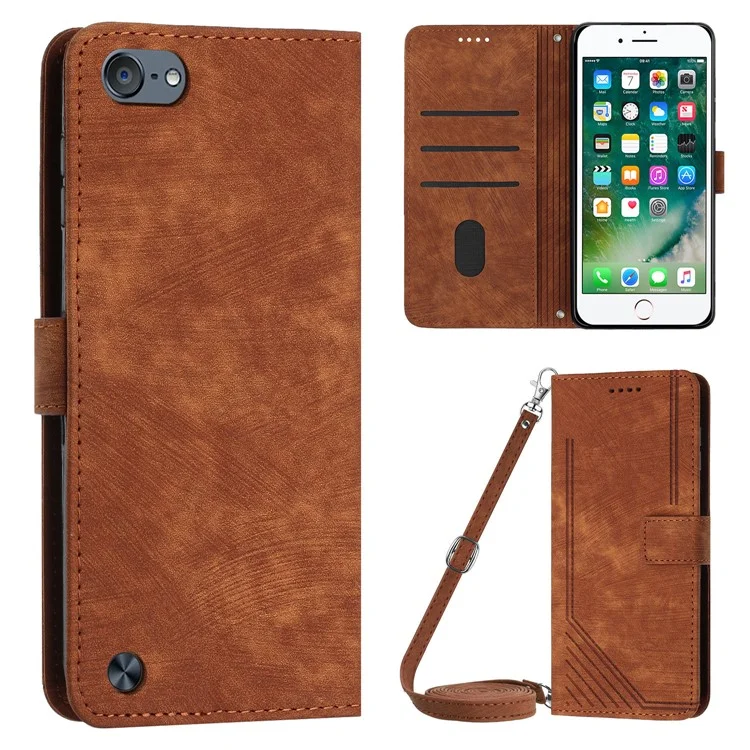 For iPod Touch (2019) / Touch 6 / Touch 5 Crossbody Wallet Case PU Leather Lines Imprinted Stand Phone Cover - Brown