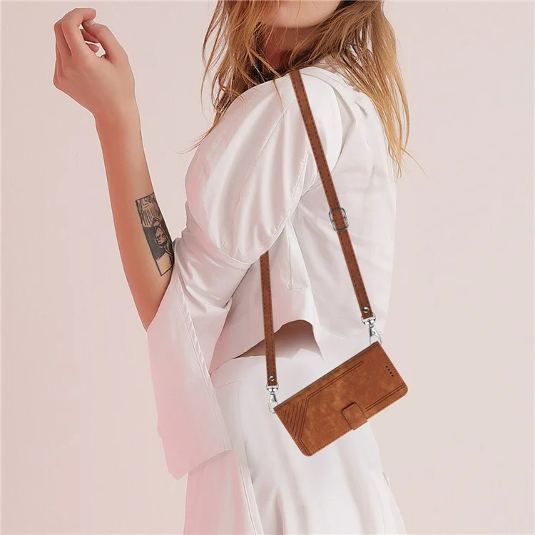 For iPod Touch (2019) / Touch 6 / Touch 5 Crossbody Wallet Case PU Leather Lines Imprinted Stand Phone Cover - Brown