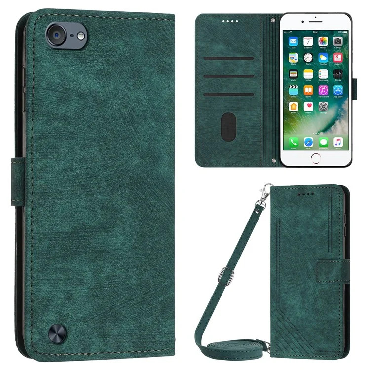 For iPod Touch (2019) / Touch 6 / Touch 5 Crossbody Wallet Case PU Leather Lines Imprinted Stand Phone Cover - Green