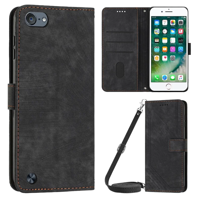 Für Ipod Touch (2019) / Berühren Sie 6 Crossbody Wallet Hülle PU Lederlinien Eingeprägte Stand Telefonabdeckung - Schwarz