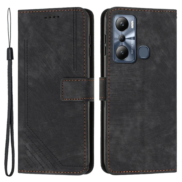 Для Infinix Hot 20 Play 4G PU Leather Wallet Case Lines Imprinted Stand Skin-Touch Phone Cover - Черный