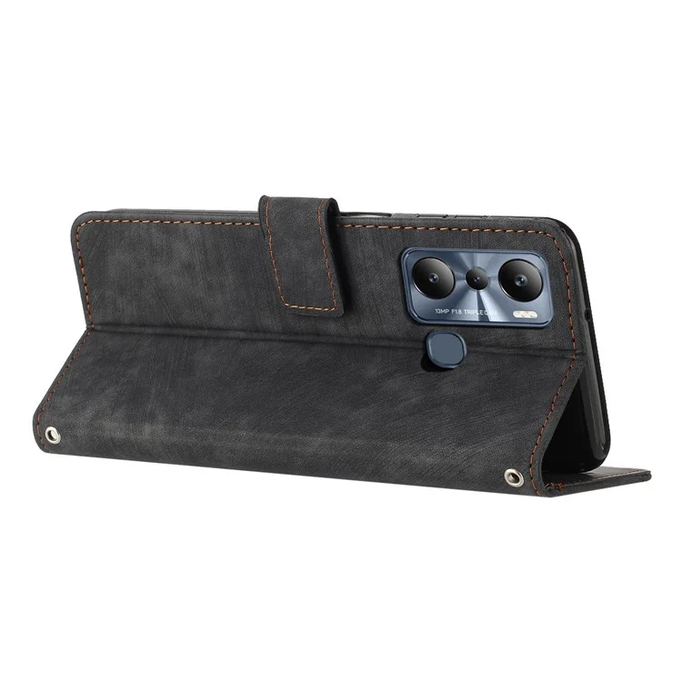 Для Infinix Hot 20 Play 4G PU Leather Wallet Case Lines Imprinted Stand Skin-Touch Phone Cover - Черный