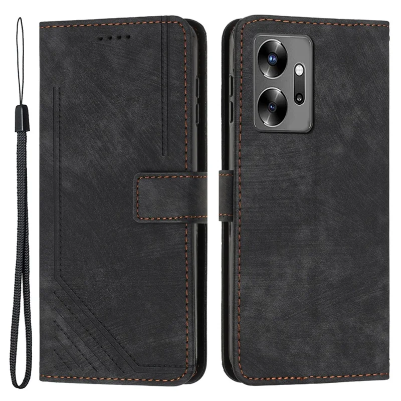 For Infinix Zero 20 4G Leather Phone Stand Case Skin-Touch Lines Imprinted Wallet Phone Cover - Black