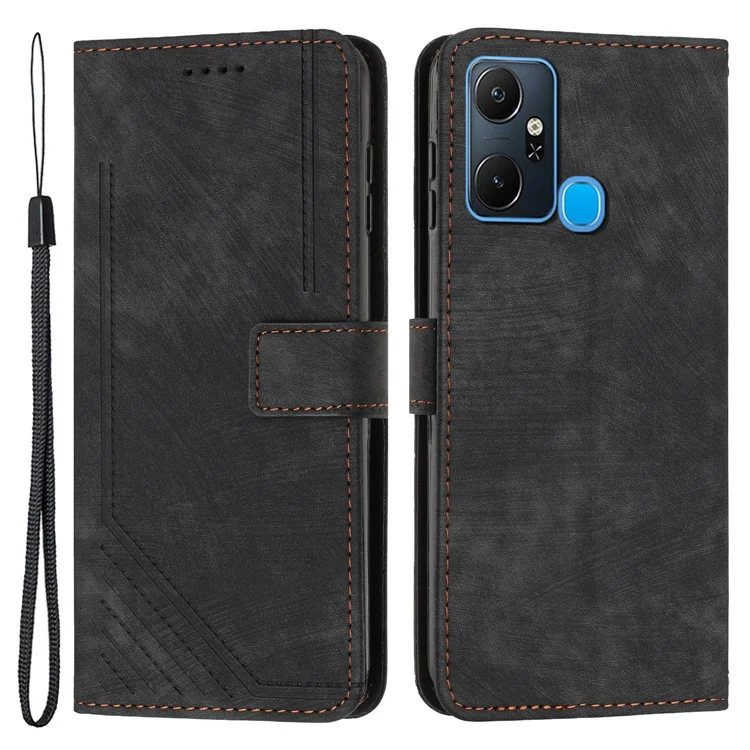 For Infinix Smart 6 Plus (India) 4G Leather Case Stand Wallet Lines Imprinted Skin-Touch Phone Cover - Black