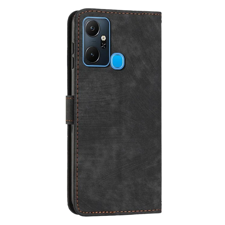 For Infinix Smart 6 Plus (India) 4G Leather Case Stand Wallet Lines Imprinted Skin-Touch Phone Cover - Black