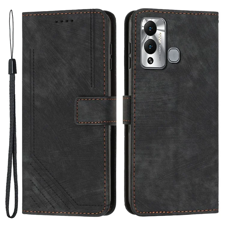 For Infinix Hot 12 Play 4G Skin-Touch Wallet Phone Case Lines Imprinted Leather Stand Cover - Black