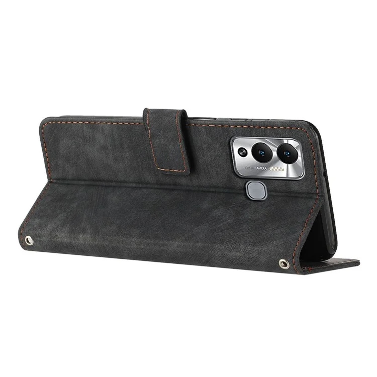 For Infinix Hot 12 Play 4G Skin-Touch Wallet Phone Case Lines Imprinted Leather Stand Cover - Black