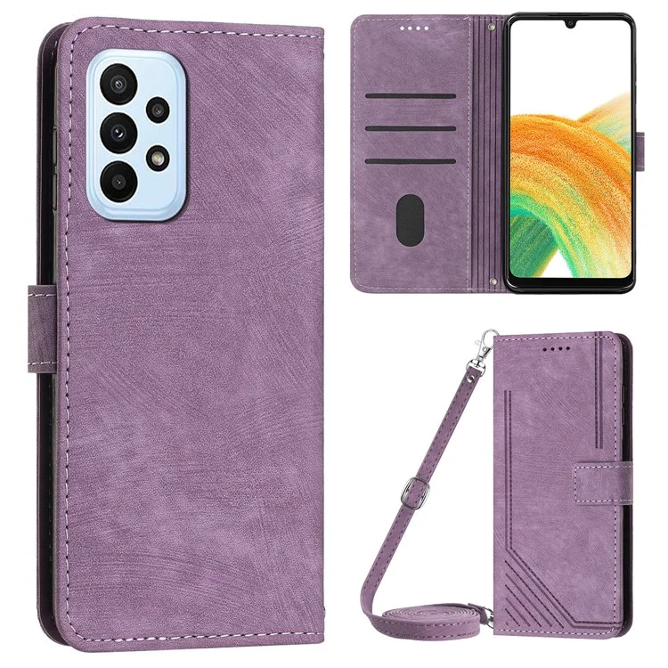 Skin-touch Feeling Wallet Case for Samsung Galaxy A33 5G , Lines Imprinted Stand PU Leather Phone Cover - Purple