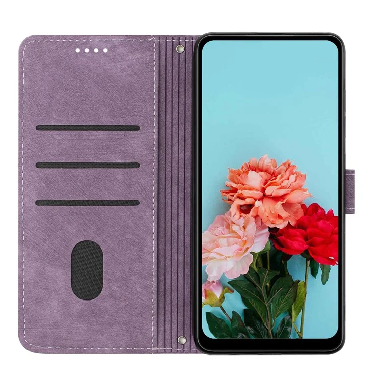 Skin-touch Feeling Wallet Case for Samsung Galaxy A33 5G , Lines Imprinted Stand PU Leather Phone Cover - Purple