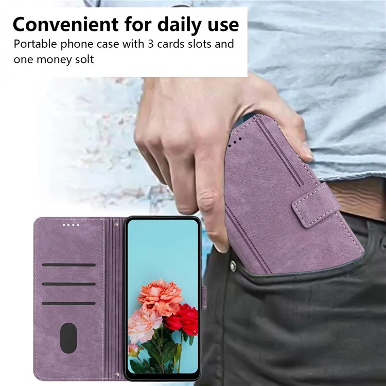 Skin-touch Feeling Wallet Case for Samsung Galaxy A33 5G , Lines Imprinted Stand PU Leather Phone Cover - Purple