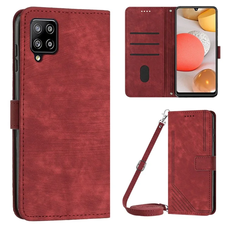 For Samsung Galaxy A42 5G / M42 5G Imprinted Lines Stand Phone Cover Wallet Case PU Leather Flip Shell - Red