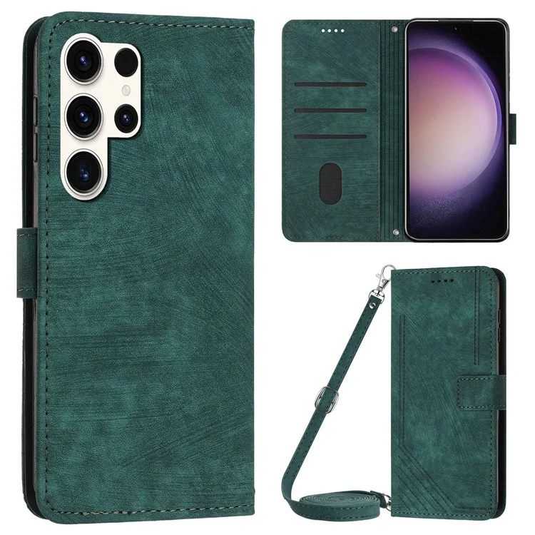 Для Samsung Galaxy S23 Ultra бумажник телефон Чехол Crossbody PU кожа Stand Lines с тиснением Flip Крышка - Green