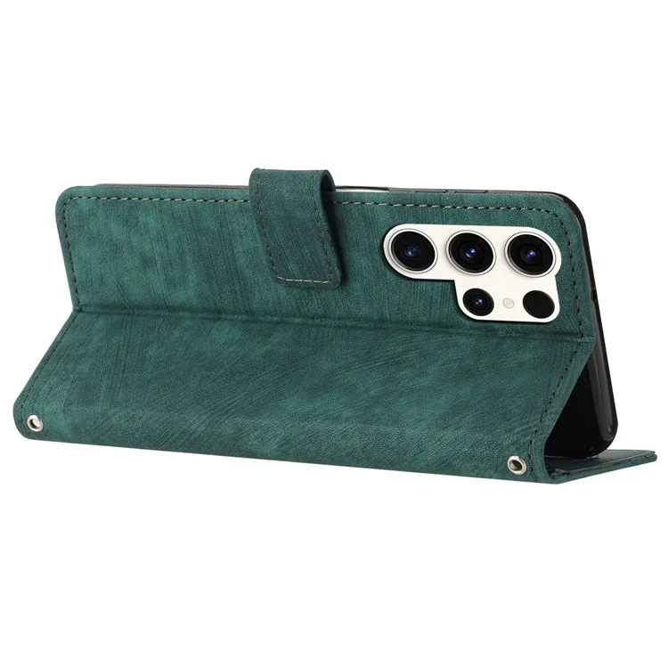 Для Samsung Galaxy S23 Ultra бумажник телефон Чехол Crossbody PU кожа Stand Lines с тиснением Flip Крышка - Green