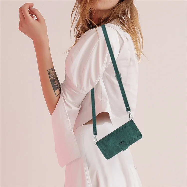Для Samsung Galaxy S23 Ultra бумажник телефон Чехол Crossbody PU кожа Stand Lines с тиснением Flip Крышка - Green