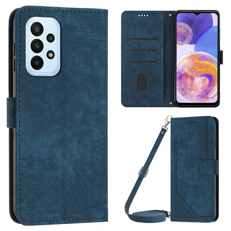 Capa de Telefone de Couro PU para Samsung Galaxy A23 4G / A23 5G (Versão Global) / M23 5G / F23 5G / M13 4G, Capa Carteira de Flip com Linhas Impressas - Safira