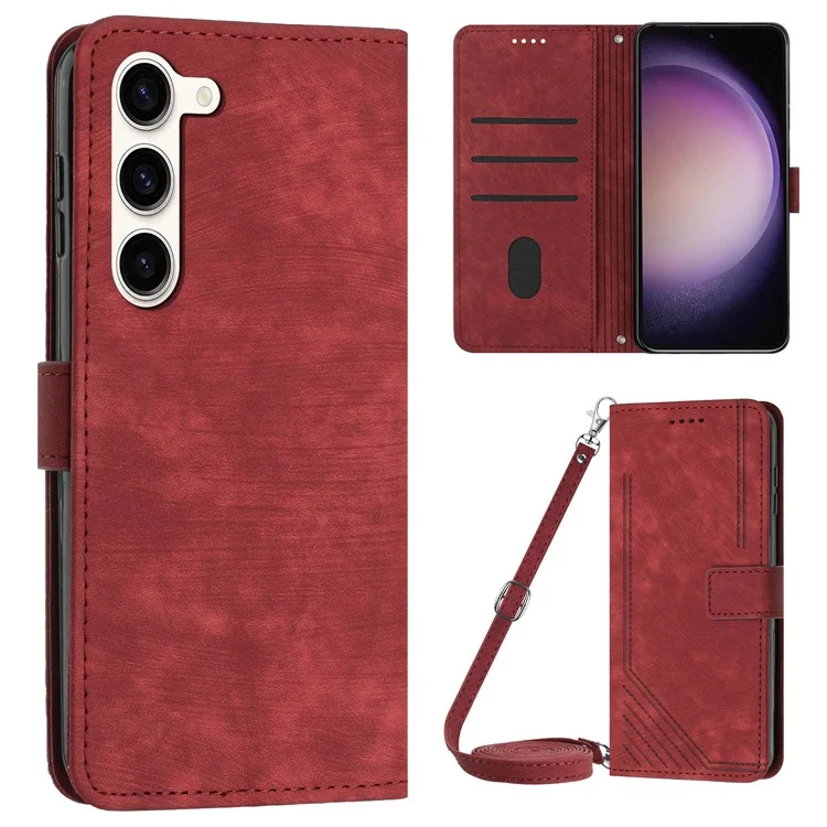 Für Samsung Galaxy S23+ Wallet Case PU Leder Folio Flip Shell Linien Geprägt Telefonabdeckung - Rot