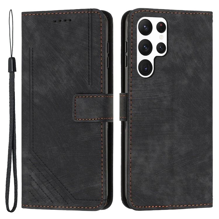 Per Samsung Galaxy S22 Ultra 5G Anti-Drop Phone Case Skin-Touch Lines Imprinted PU Leather Wallet Cover - Nero
