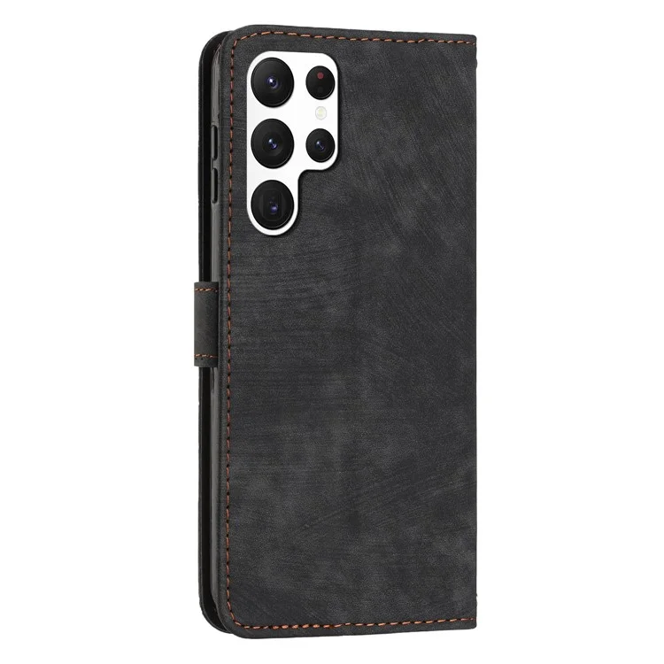 Per Samsung Galaxy S22 Ultra 5G Anti-Drop Phone Case Skin-Touch Lines Imprinted PU Leather Wallet Cover - Nero