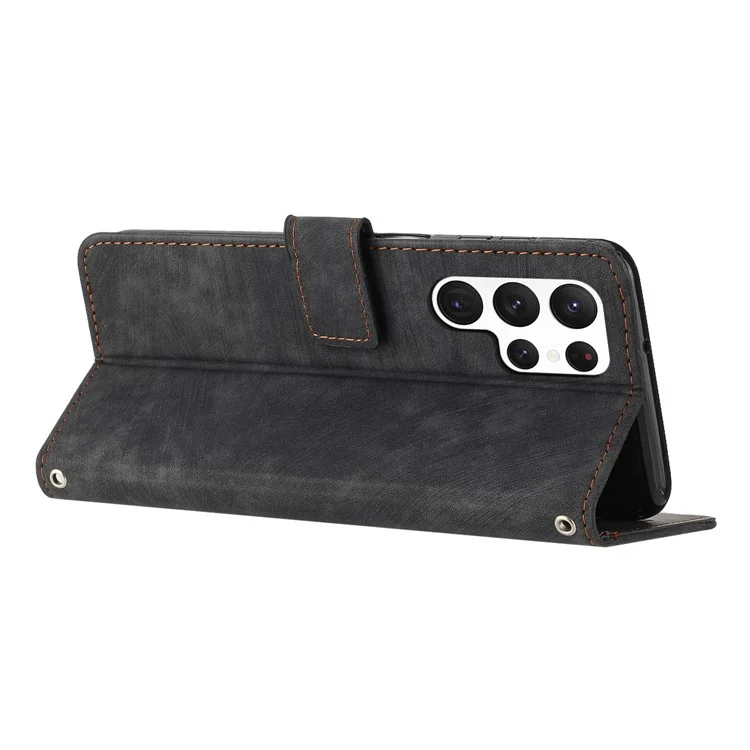Per Samsung Galaxy S22 Ultra 5G Anti-Drop Phone Case Skin-Touch Lines Imprinted PU Leather Wallet Cover - Nero