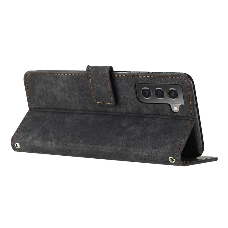 Для Samsung Galaxy S22+ 5G Skin-Touch Shockproof Case Lines Imprinted PU Leather Wallet Phone Cover - Черный
