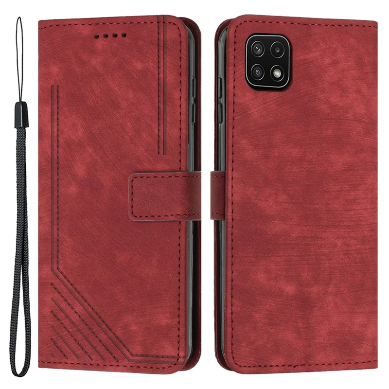 For Samsung Galaxy A22 5G (EU Version) Wallet Phone Case Skin-Touch Lines Imprinted PU Leather Cover - Red