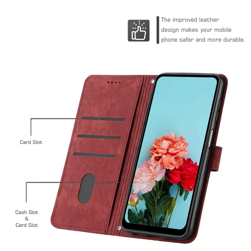 For Samsung Galaxy A22 5G (EU Version) Wallet Phone Case Skin-Touch Lines Imprinted PU Leather Cover - Red