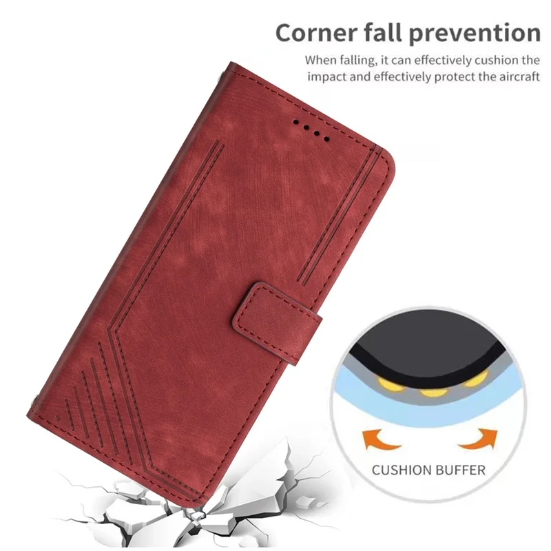 For Samsung Galaxy A22 5G (EU Version) Wallet Phone Case Skin-Touch Lines Imprinted PU Leather Cover - Red