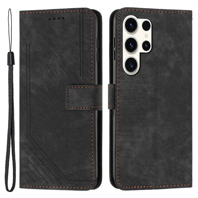 For Samsung Galaxy S23 Ultra Protective Wallet Case Skin-Touch Lines Imprinted PU Leather Phone Cover - Black