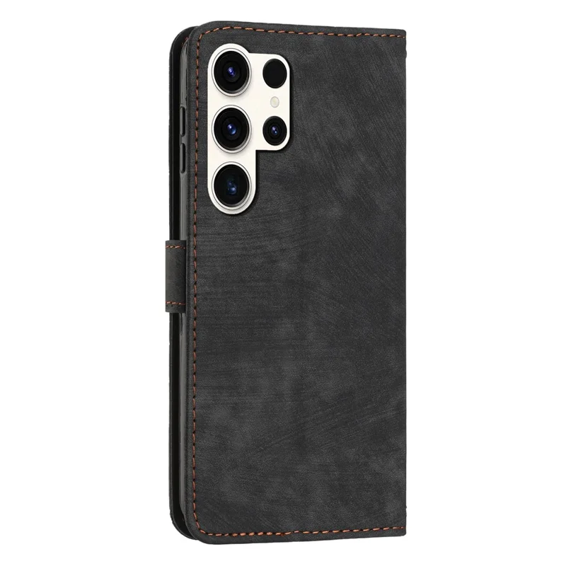 For Samsung Galaxy S23 Ultra Protective Wallet Case Skin-Touch Lines Imprinted PU Leather Phone Cover - Black
